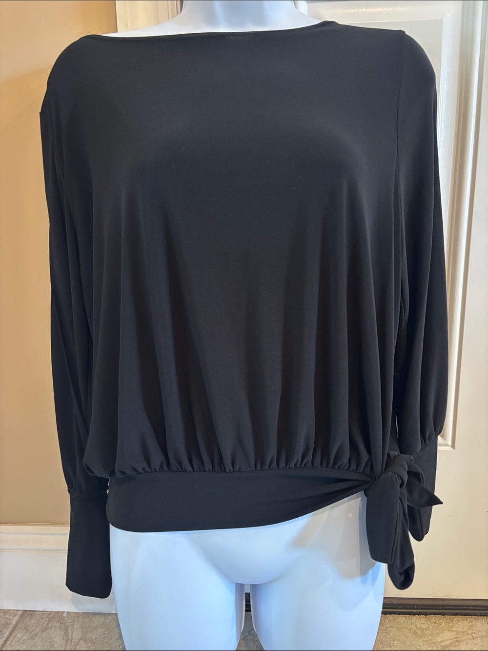 IC COLLECTION Black Boatneck Long Cutout Sleeve Blouse with Side Tie Hem